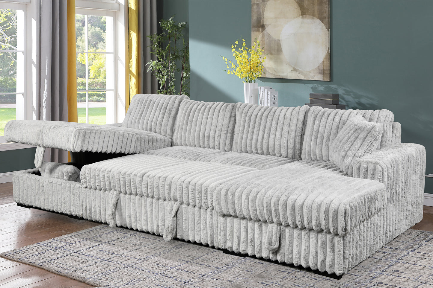 3Pc Arzelia_MediaSleeper_PullOut Sectional_LightGrey