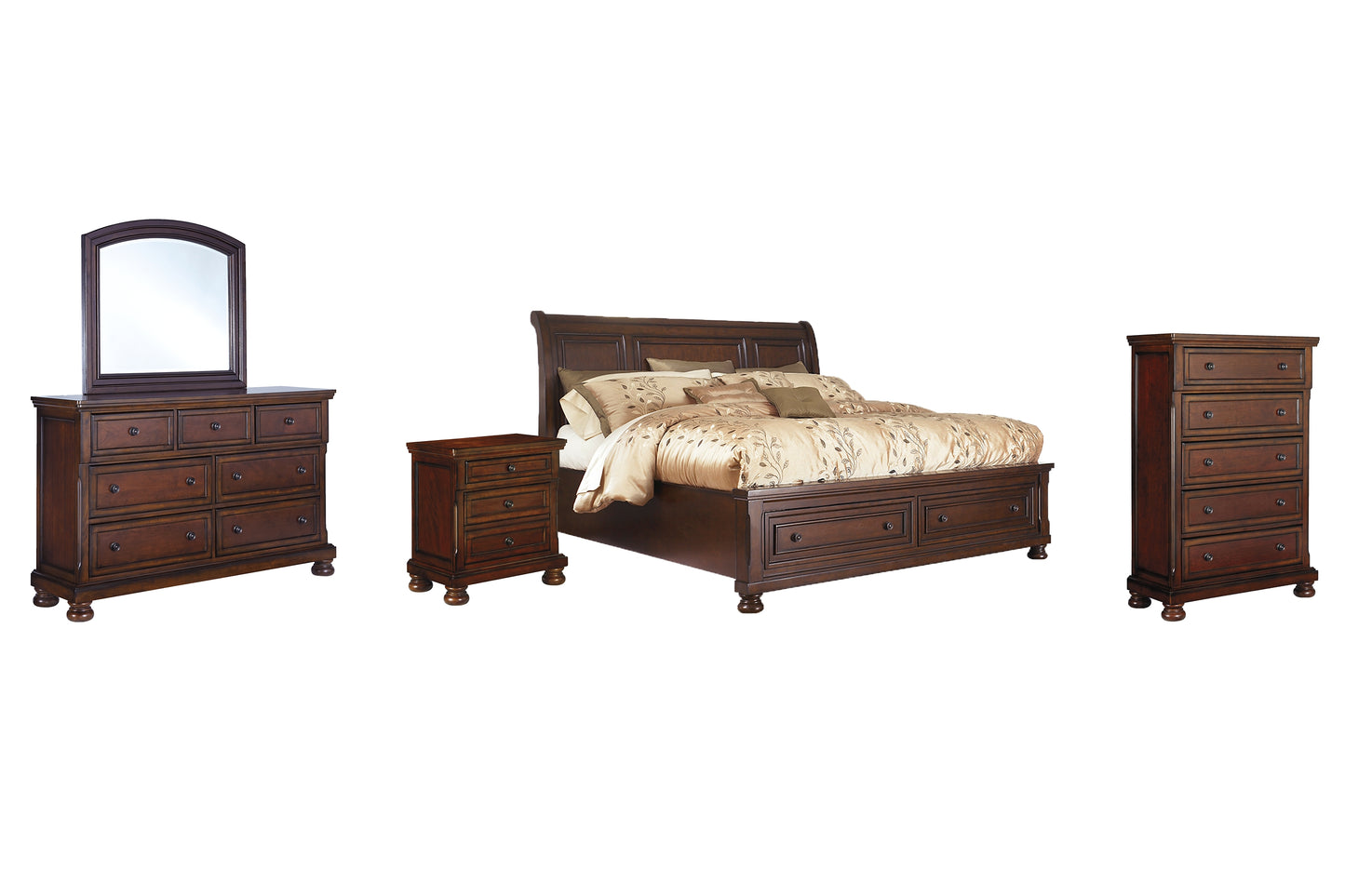 Porter  Sleigh Bed With Mirrored Dresser, Chest And Nightstand