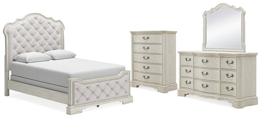 Arlendyne Queen Upholstered Bed with Mirrored Dresser and Chest