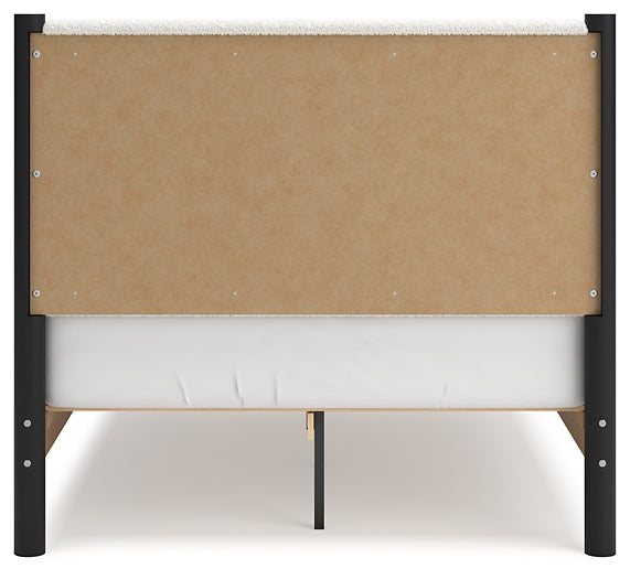 Cadmori Full Upholstered Panel Bed with Mirrored Dresser and Chest