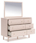 Wistenpine Full Upholstered Panel Bed with Mirrored Dresser and Chest