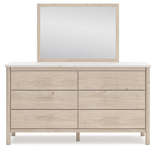 Cadmori Queen Upholstered Panel Bed with Mirrored Dresser, Chest and Nightstand