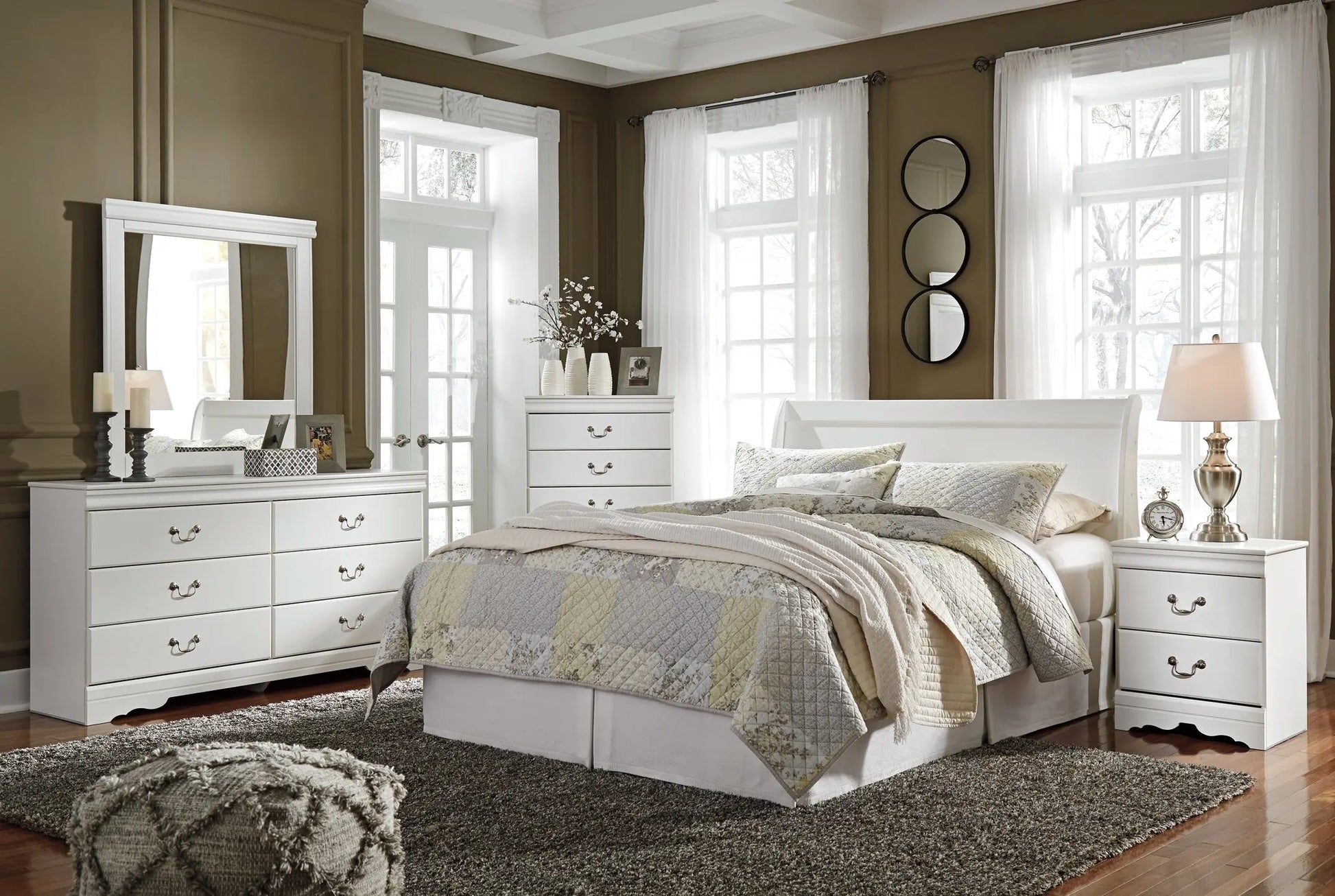 Anarasia Queen Sleigh Headboard with Mirrored Dresser and Chest Premier Furniture & Mattress