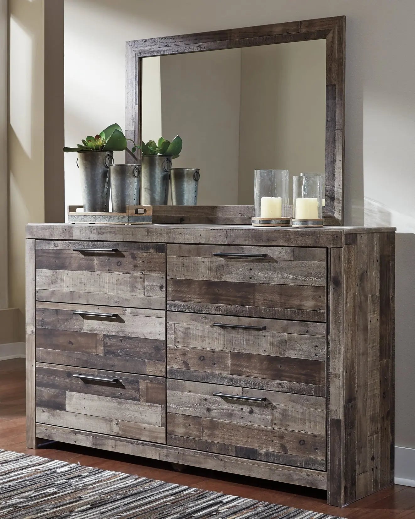 Derekson King Panel Headboard with Mirrored Dresser Premier Furniture & Mattress