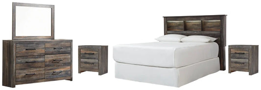 Drystan Queen/Full Bookcase Headboard with Mirrored Dresser and 2 Nightstands Premier Furniture & Mattress