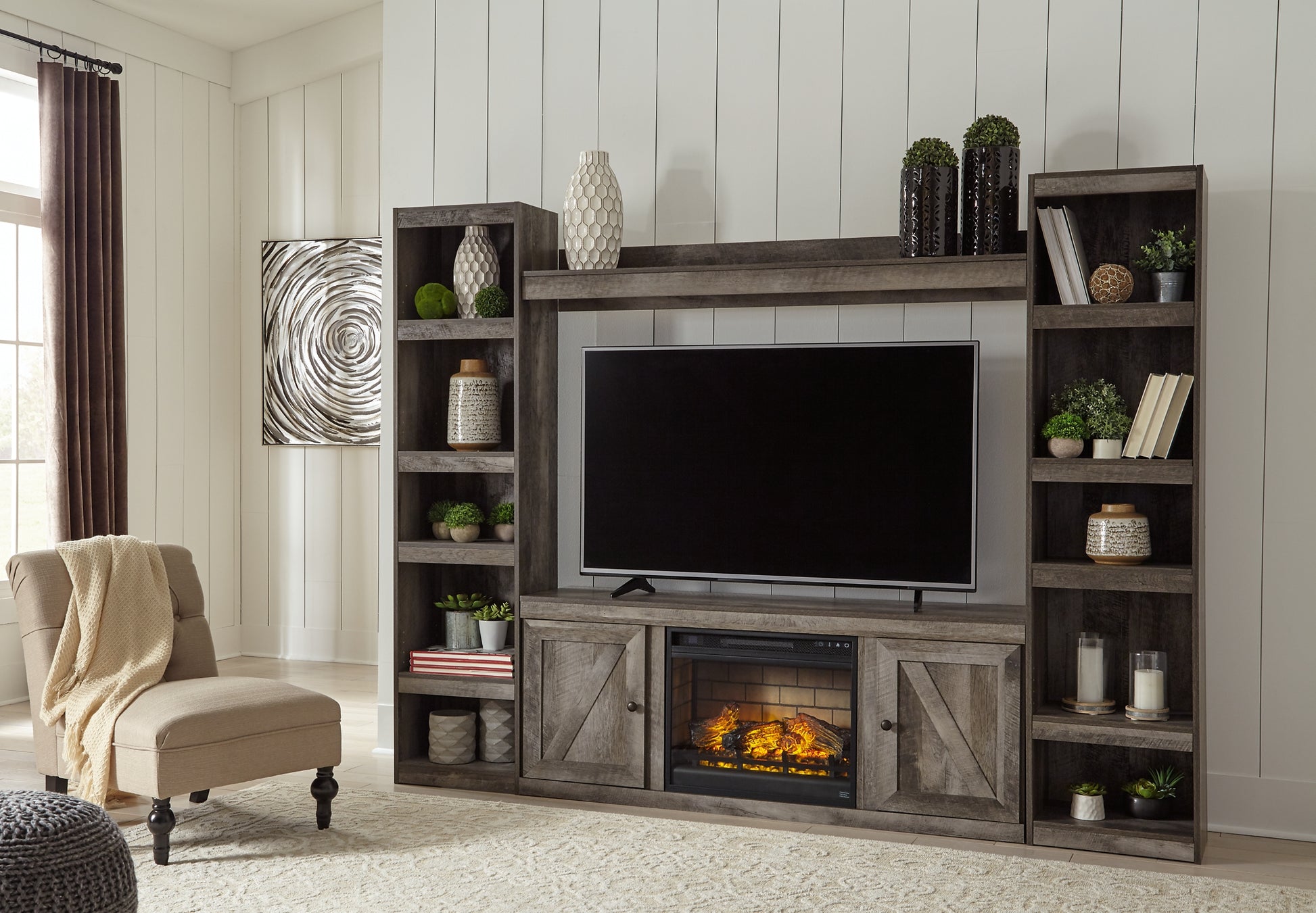 Wynnlow entertainment center with shop fireplace