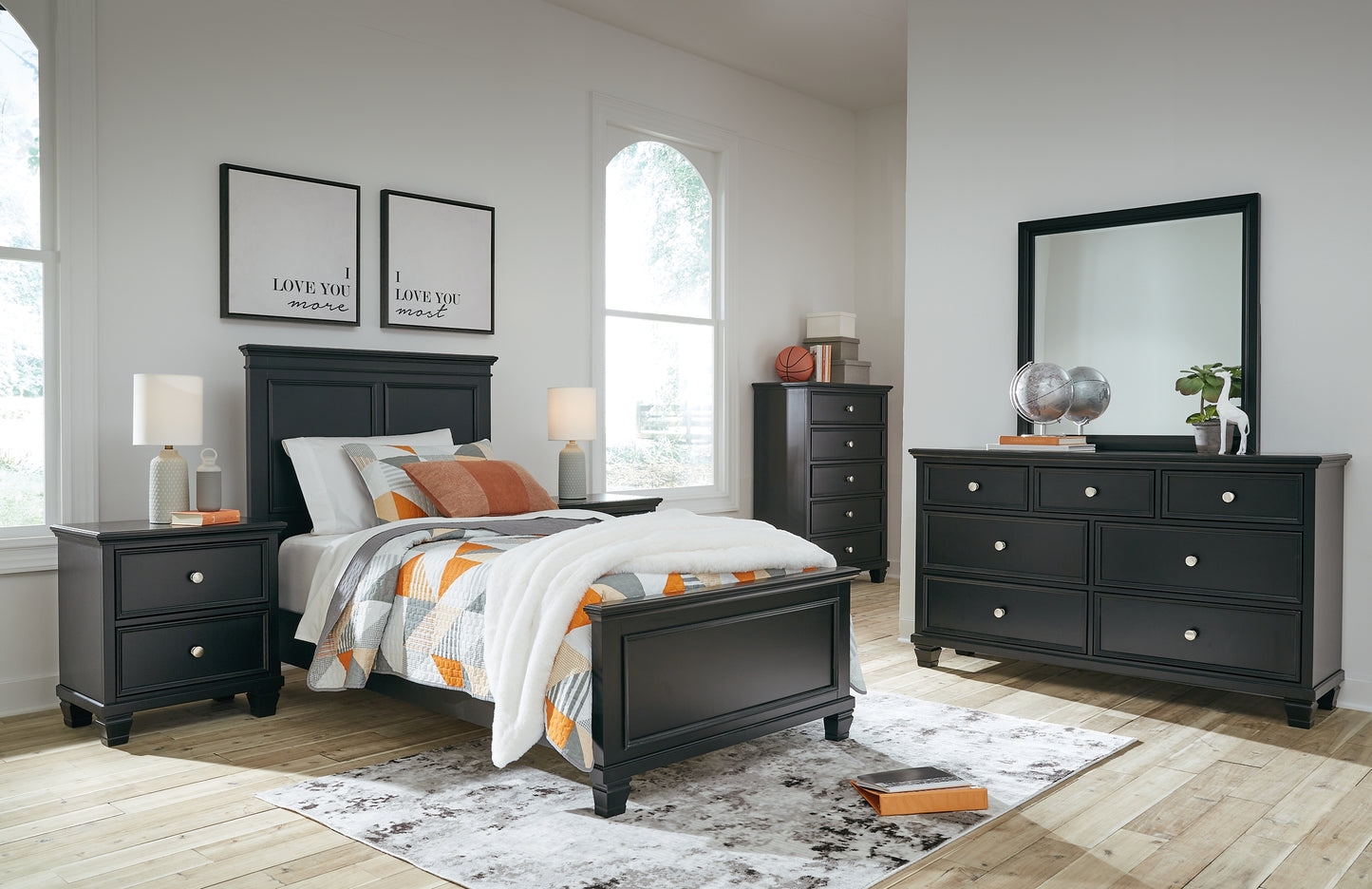 Lanolee Twin Panel Bed with Mirrored Dresser, Chest and 2 Nightstands