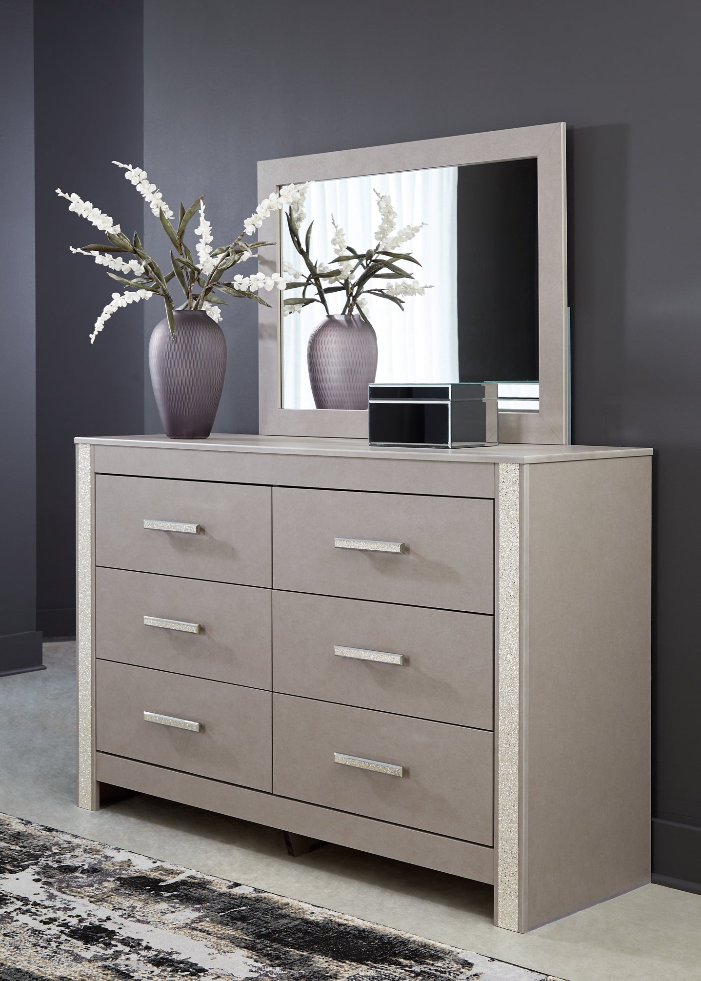 Surancha Full Panel Bed with Mirrored Dresser, Chest and Nightstand