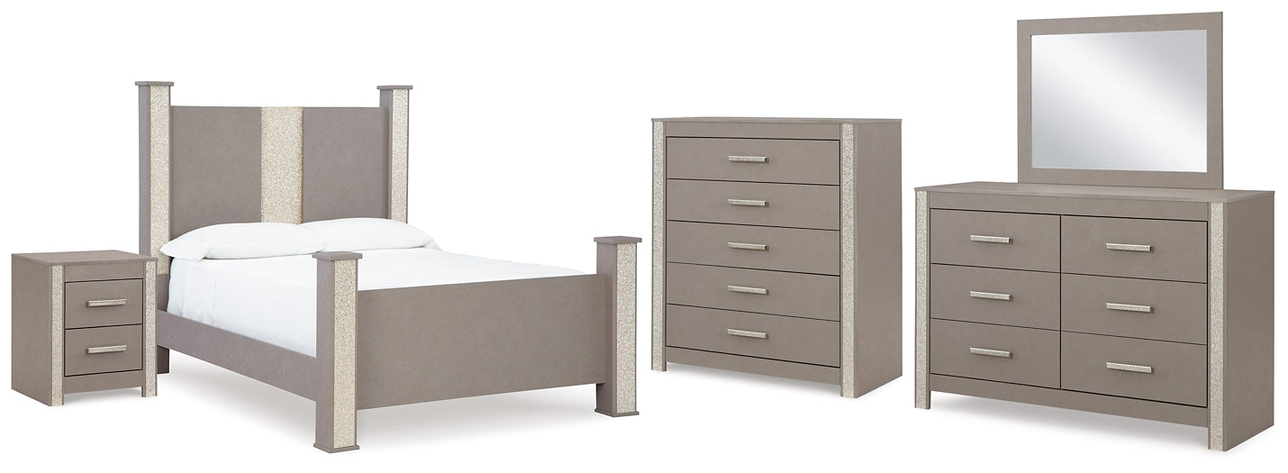 Surancha Queen Poster Bed with Mirrored Dresser, Chest and Nightstand